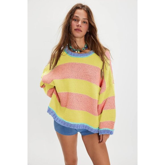 Knit Sweater Women's Oversized Striped Color Block Fall Long Sleeve Crewneck - Picture 4 of 6